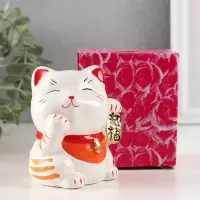 Копилка керамика "Манэки-нэко - иероглиф удача" оранж 7,2х8,3х10 см