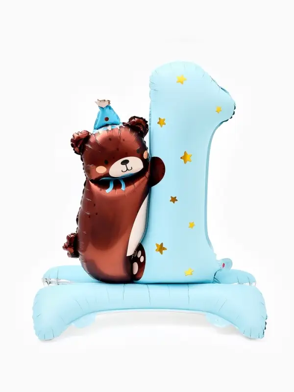 Воздушный шар фольгированный 32" "Цифра 1 с мишкой"  цвет голубой, под воздух