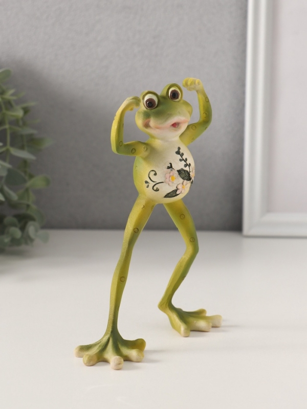 Сувенир полистоун "Лягушонок-силач, с цветами на животике" 11,5х3,5х16 см