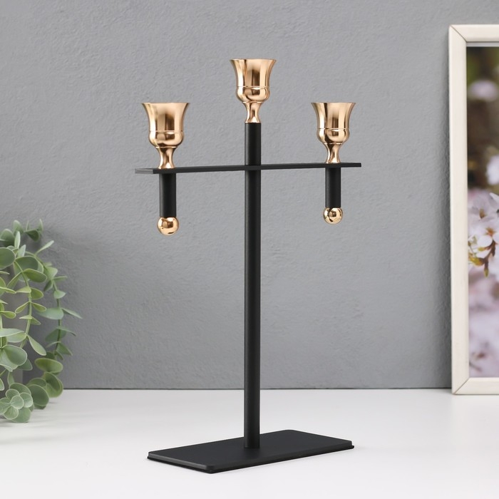 Подсвечник металл на 3 свечи "Кельт" d=2 см чёрный с золотом 20х7х28 см