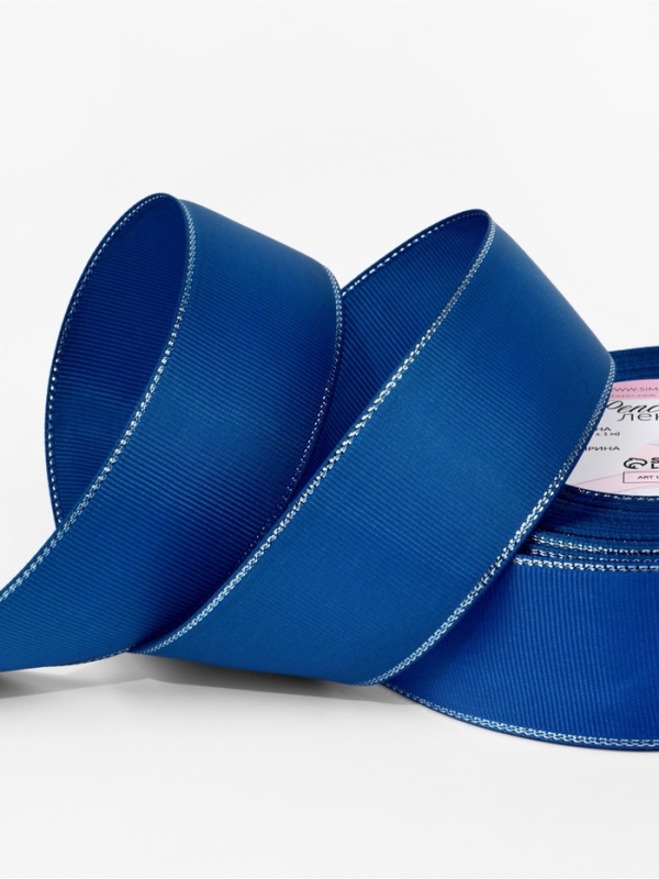 Лента репсовая 40мм*25&plusmn;1ярд(23м&plusmn;1м) серебряные нити №40 синий АУ
