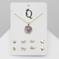 Гарнитур 5 предметов: серьги (4 пары), кулон &laquo;Минимал&raquo; сердце, цвет сиреневый в золоте, 40 см