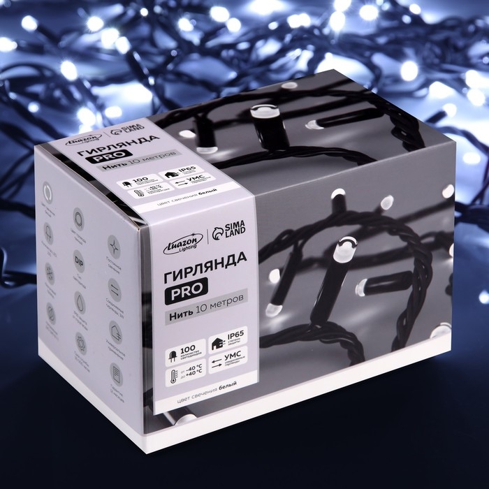 Гирлянда &laquo;Нить&raquo; 10 м, IP65, УМС, тёмная каучуковая нить, 100 LED, свечение белое, 220 В