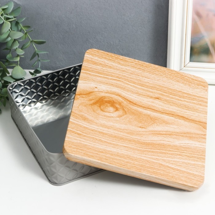 Шкатулка металл квадрат "Ромбы" серая, крышка под дерево 6х17х17 см