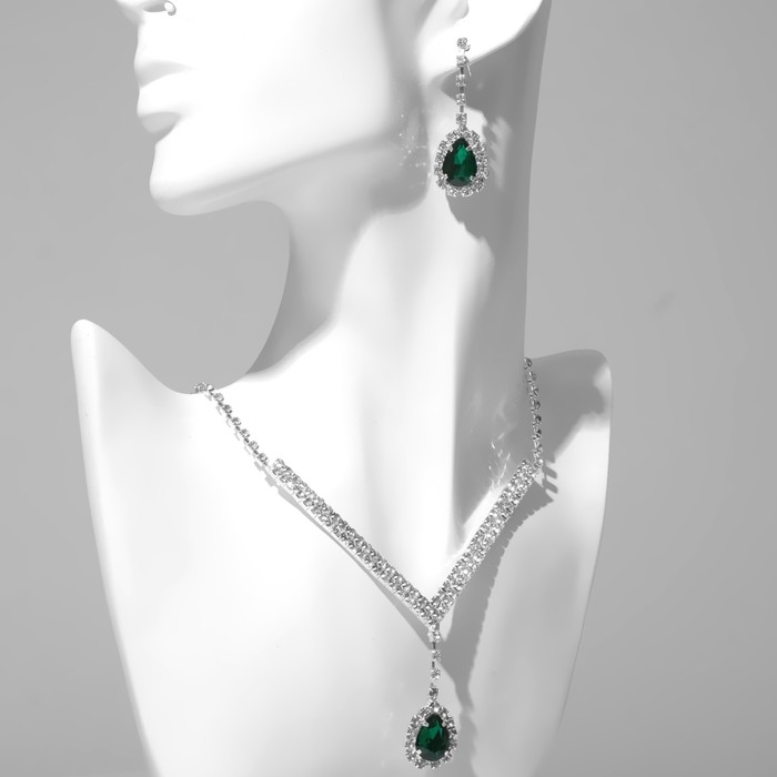 Набор 2 предмета: серьги, колье &laquo;Элит&raquo; капли треугольник, цвет бело-зелёный в серебре