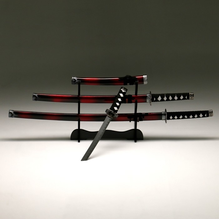 Сув. изделие катаны 3в1 на подставке, ножны дерево, черные с дымкой бордо глянец 51/77/100см