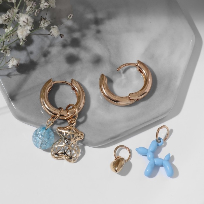 Серьги со съёмным элементом &laquo;Трансформер&raquo; мишка, цвет голубой в золоте