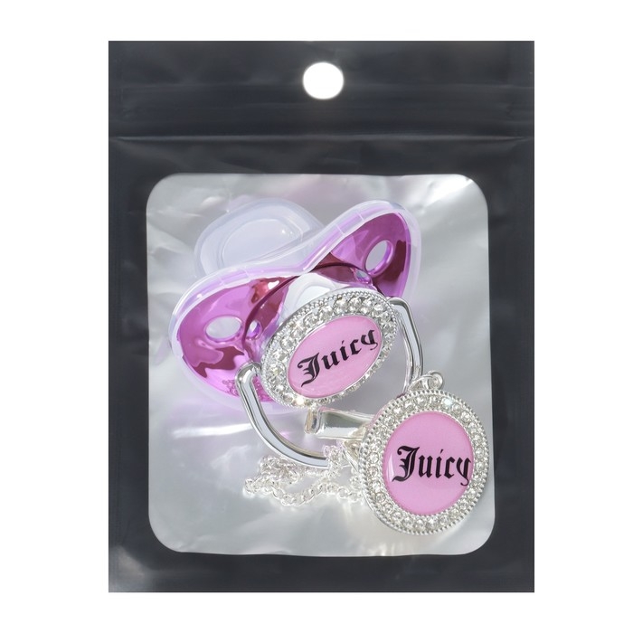 Соска - пустышка силиконовая ортодонтическая &laquo;JUICY&raquo;, от 6 мес., с колпачком + держатель - цепочка, цвет розовый/серебло, стразы