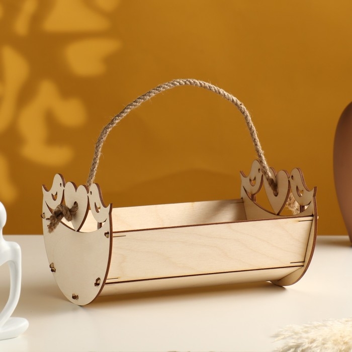 Кашпо деревянное 22×15×12 см уникальное Кашпо деревянное 22×15×12 см уникальное "Птичкина кормушка Лайт", ручка верёвка, натуральный