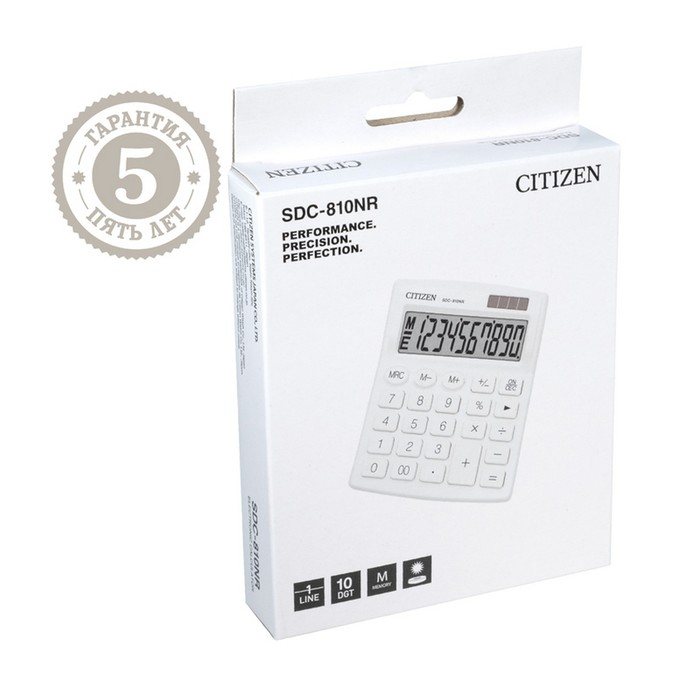 Калькулятор настольный Citizen "SDC810NR", 10-разрядный, 127 х 105 х 21 мм, двойное питание, белый