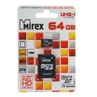 Карта памяти Mirex microSD, 64 Гб, SDXC, UHS-I, класс 10, с адаптером SD Карта памяти Mirex microSD, 64 Гб, SDXC, UHS-I, класс 10, с адаптером SD