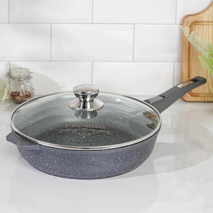 Сковорода &laquo;Гранит&raquo;, d=28 см, стеклянная крышка, съёмная ручка, антипригарное покрытие, цвет серый