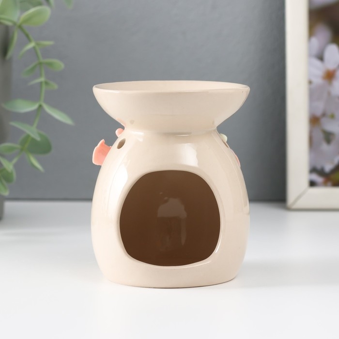 Аромалампа керамика "Розовые розы с листиками" бежевая 7,5х7,5х9 см