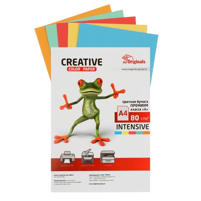 Бумага цветная А4, 100 листов CREATIVE Интенсив, 5 цветов, 80 г/м2