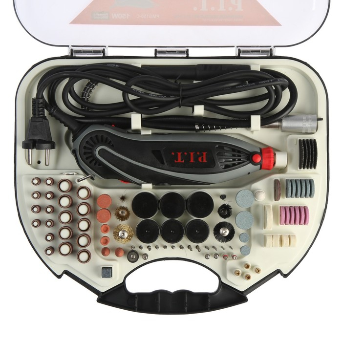 Гравер P.I.T. PMG150-С PRO, 150 Вт, гибкий вал, цанга 3.2 мм, 33000 об/мин, 211 предметов