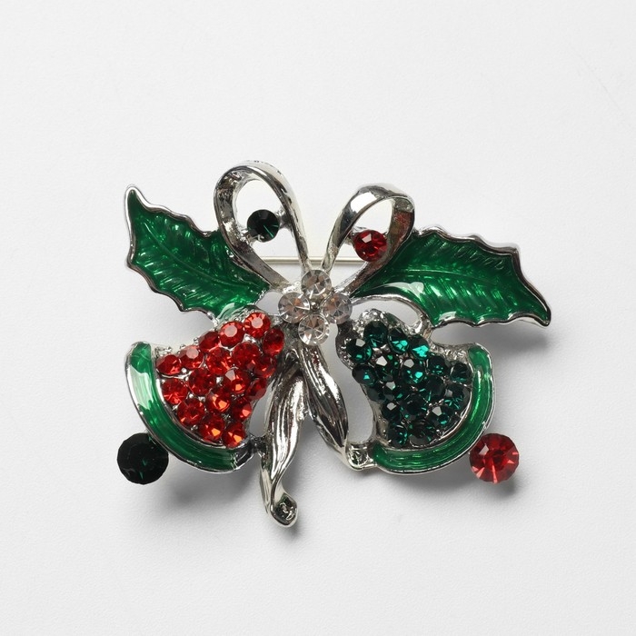 Новый год! Брошь &laquo;Колокольчик с бантом&raquo;, цвет красно-зелёный в серебре