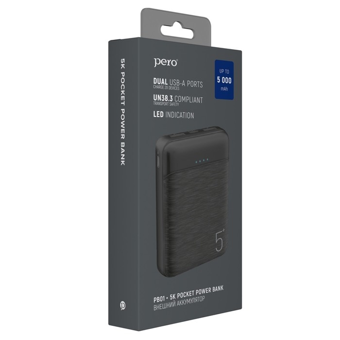Внешний аккумулятор PERO PB01, 5000 мАч, 2 USB, 2.1 А, индикатор, черный Внешний аккумулятор PERO PB01, 5000 мАч, 2 USB, 2.1 А, индикатор, черный