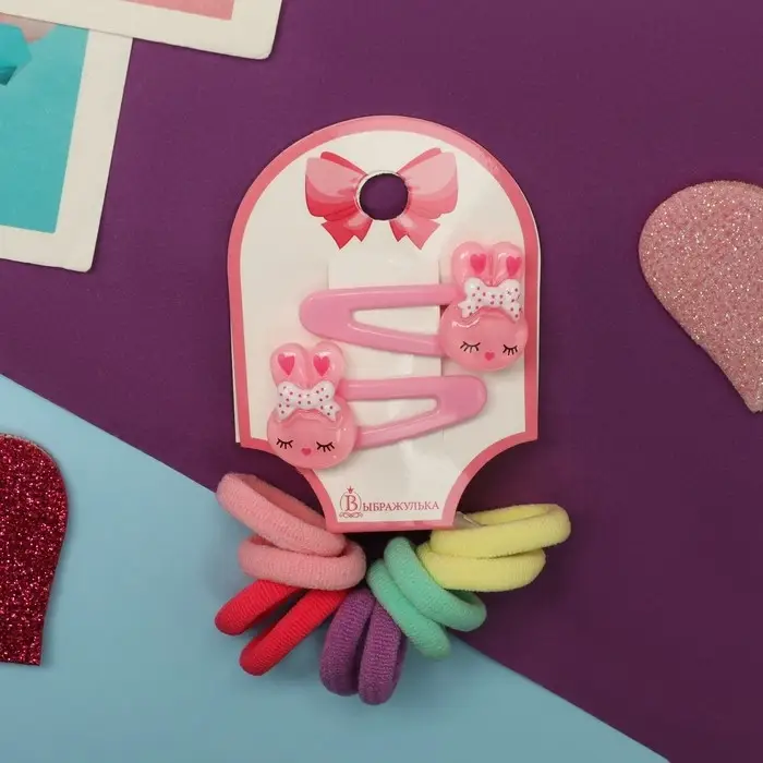 Набор для волос &laquo;Карамель&raquo;, 10 резинок 1.5 см, 2 невидимки 3.5 см, зайки, розовый