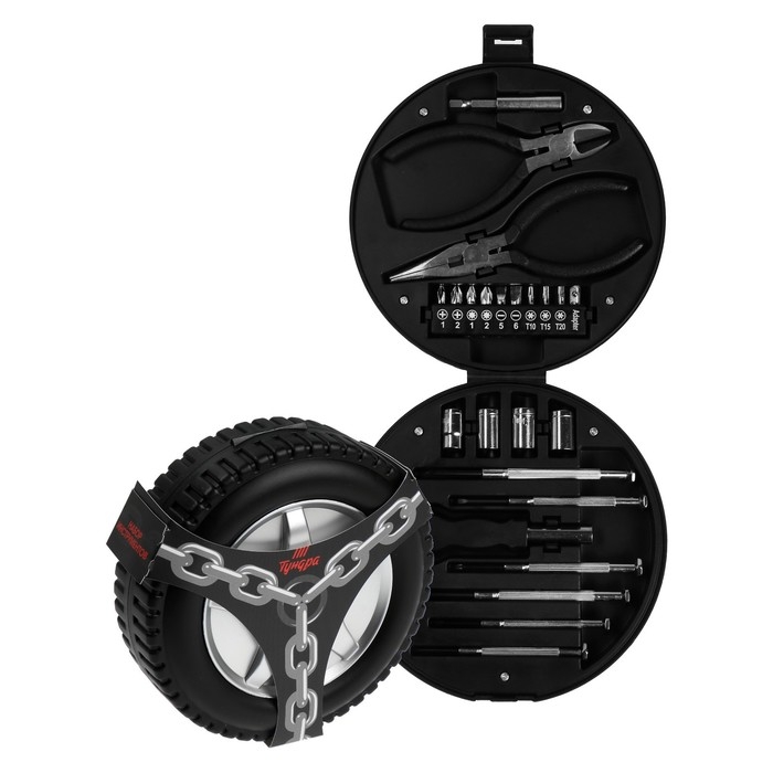Набор инструментов ТУНДРА, подарочный пластиковый кейс "Колесо", 24 предмета