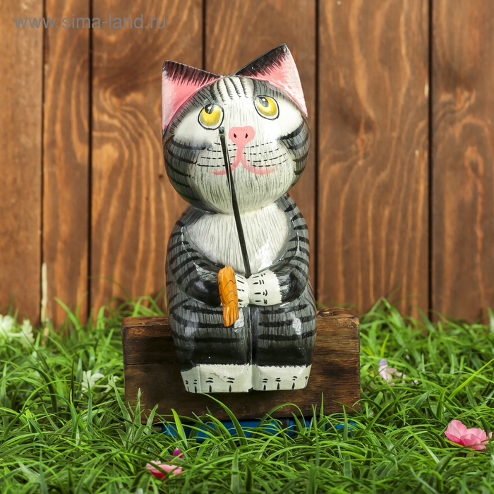 Сувенир дерево "Котёнок рыбак" серый 9х9х25 см