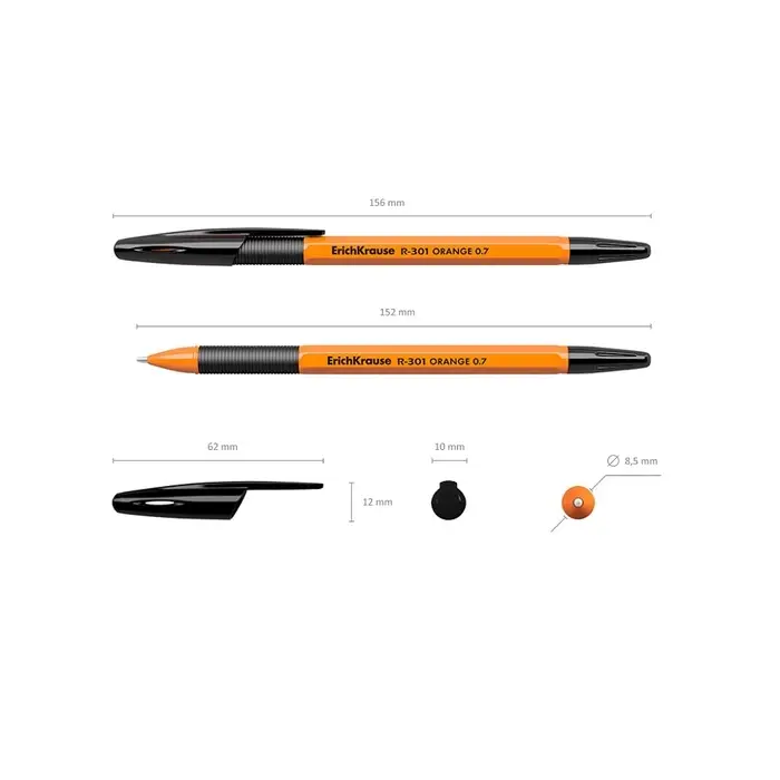 Ручка шариковая ErichKrause R-301 Orange Stick & Grip, узел 0.7 мм, чернила чёрные, резиновый держатель, длина линии письма 2000 метров