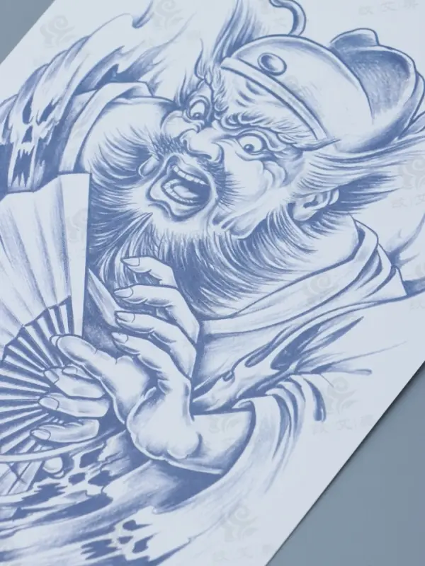 Татуировка на тело "Китайский воин с веером - крик" 18х11 см