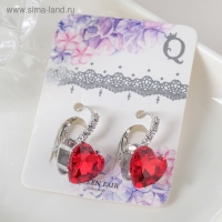 Серьги со стразами &laquo;Сердце&raquo; мерцание, цвет бело-красный в серебре