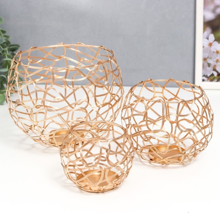 Подсвечник металл Подсвечник металл "Лофт. Переплетение" золото набор 3 шт 7х9х9 10х12,5х12,5 13х16х16 см