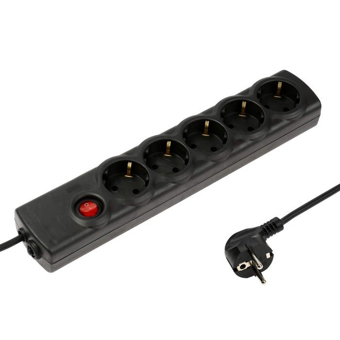 Сетевой фильтр Luazon Lighting, 5 розеток, 3 м, 2200 Вт, 3х0.75 мм2, 10 A, 220 В, c предохранителем, черный