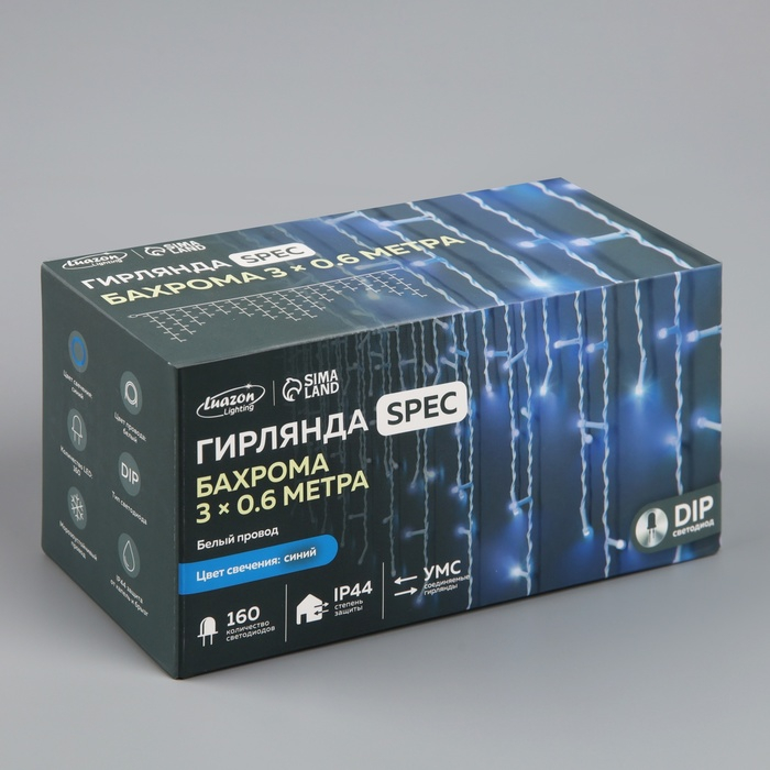 Гирлянда «Бахрома» 3 × 0.6 м, IP44, УМС, белая нить, 160 LED, свечение синее, мерцание белым, 220 В Гирлянда «Бахрома» 3 × 0.6 м, IP44, УМС, белая нить, 160 LED, свечение синее, мерцание белым, 220 В