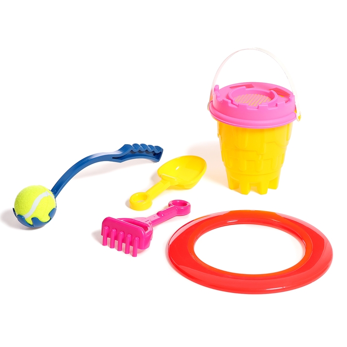 Песочный набор №2 &laquo;Пончик&raquo;: ведро, сито, совок, грабли, бросатель с мячом, кольцо, МИКС