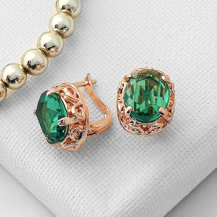 Серьги со стразами «Эдель» овал классика, цвет изумрудный в розовом золоте Серьги со стразами «Эдель» овал классика, цвет изумрудный в розовом золоте