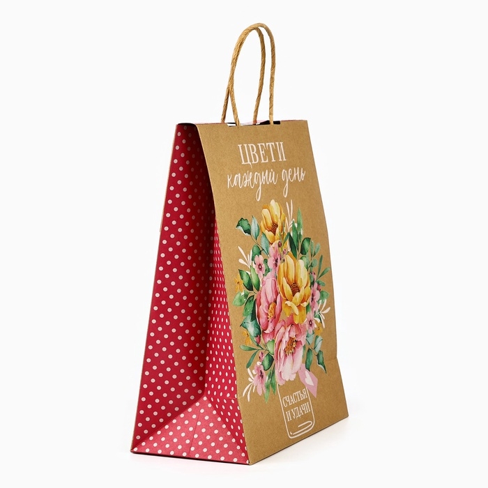 Пакет с клапаном &laquo;Букет цветов&raquo;, крафт, глиттер, 19,5 &times; 10 &times; 25.2 см