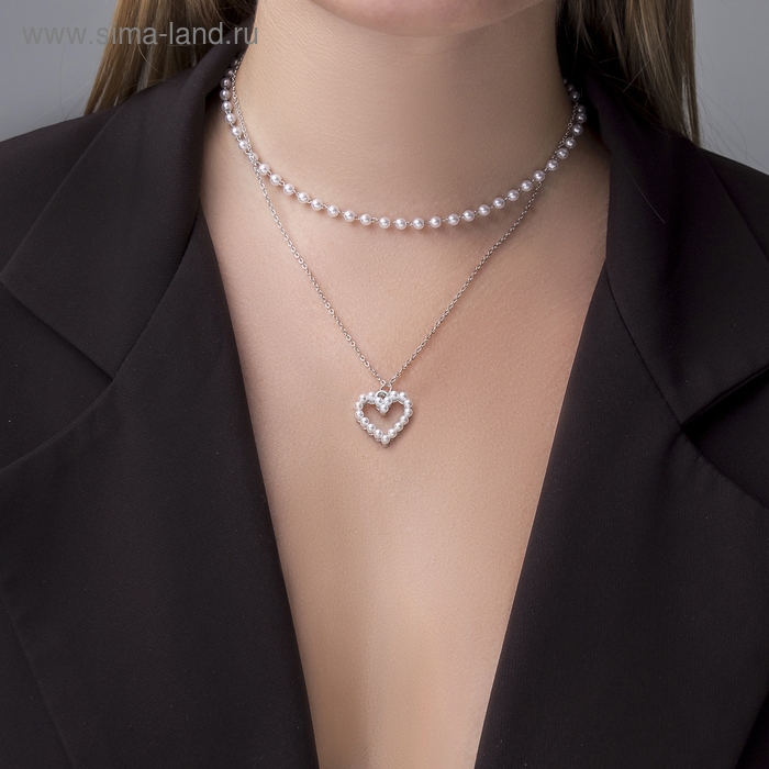 Кулон с жемчугом &laquo;Цепь&raquo; олимпия, сердце, цвет белый в серебре, 40 см