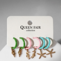 Набор серьги 3 пары &laquo;Сердце&raquo; моря, цветной в золоте