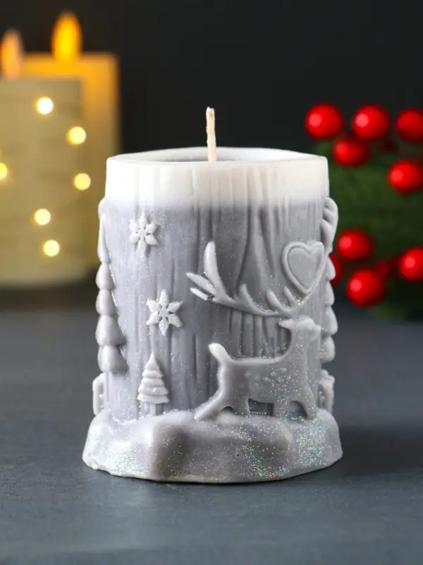 Свеча новогодняя столбик "Сказочный лес" 75х82 мм, серый