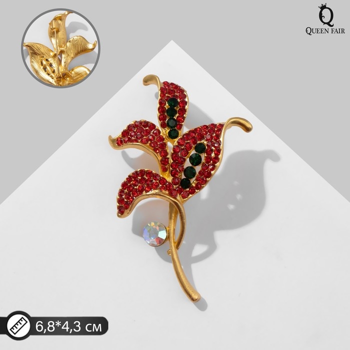 Брошь &laquo;Листья&raquo;, цвет красный в матовом золоте