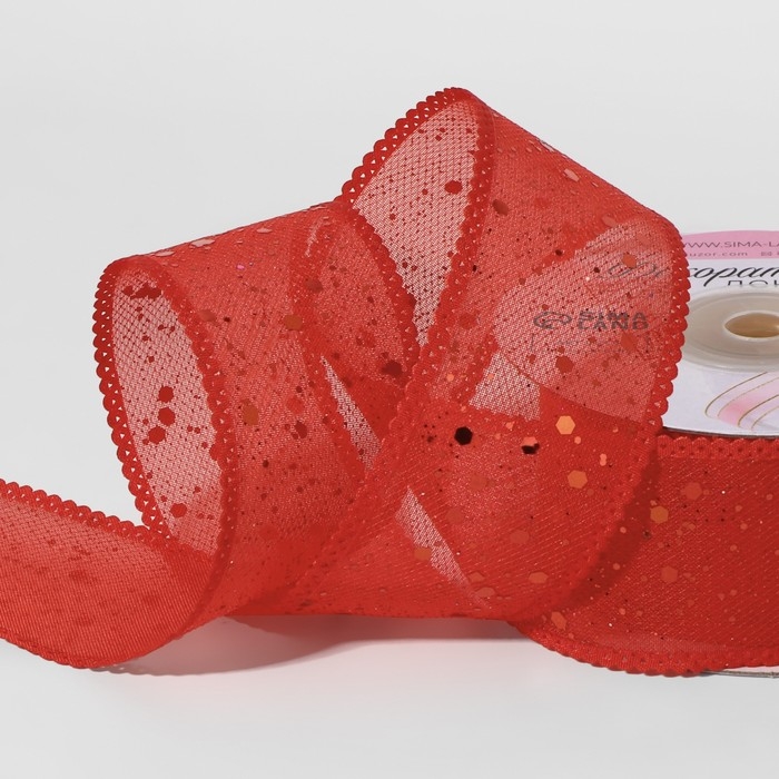 Лента декоративная, с глиттером, 38 мм, 9 &plusmn; 0,5 м, цвет красный