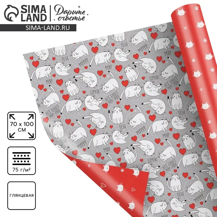 Бумага упаковочная глянцевая двухсторонняя &laquo;Коты&raquo;, 70 х 100 см