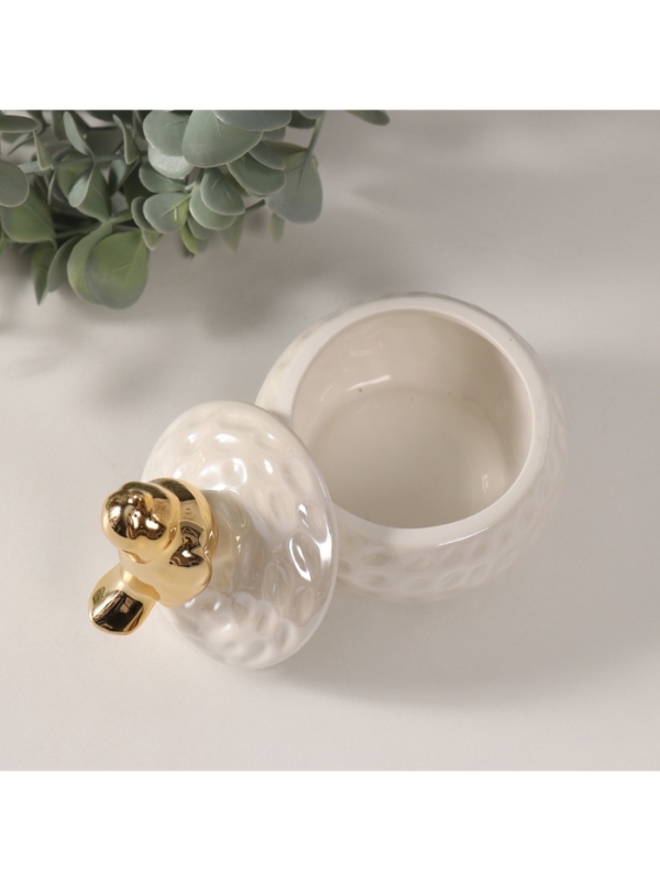 Шкатулка керамика "Золотая птичка на гнезде" белый перламутр 8,5х8,5х10 см