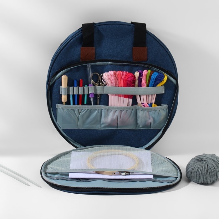 Сумка для вышивания, 2 отделения на молнии, с ручками, d = 35 &times; 12 см, цвет синий