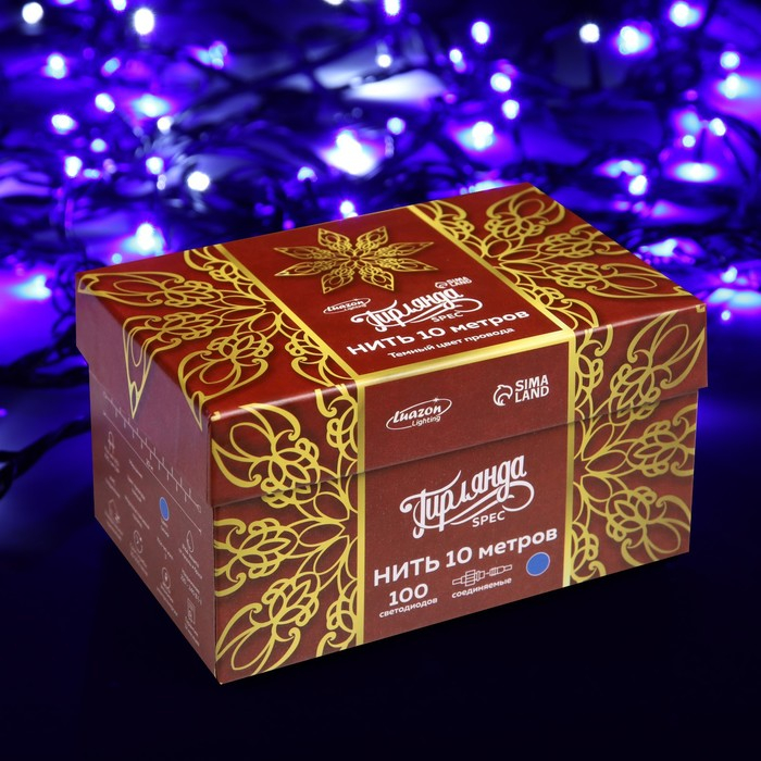 Гирлянда &laquo;Нить&raquo; 10 м, IP44, УМС, тёмная нить, 100 LED, свечение синее, мерцание белым, 220 В