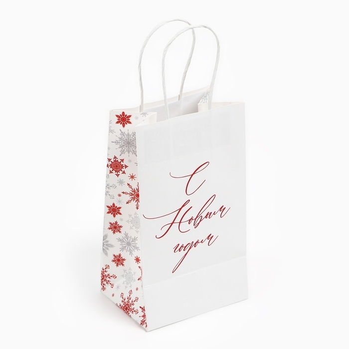 Пакет подарочный новогодний &laquo;С Новым годом&raquo;, снежинки, белый крафт, 12 х 21 х 9 см , Новый год