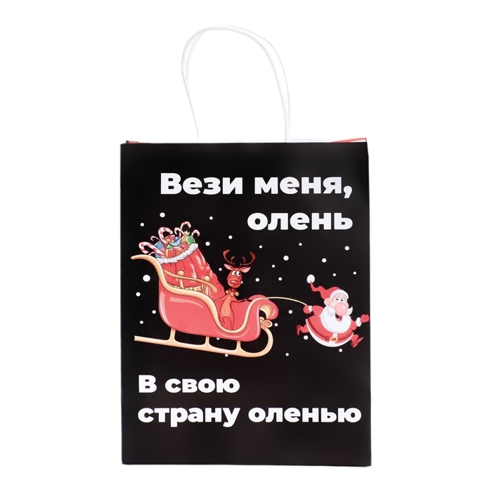 Новый год. Пакет бумажный подарочный новогодний крафт, "Вези меня" , 27 х 21 х 11 см.