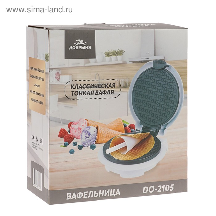 Электровафельница Электровафельница "Добрыня" DO-2105, 1200 Вт, тонкие вафли, антипригарное покрытие, белая