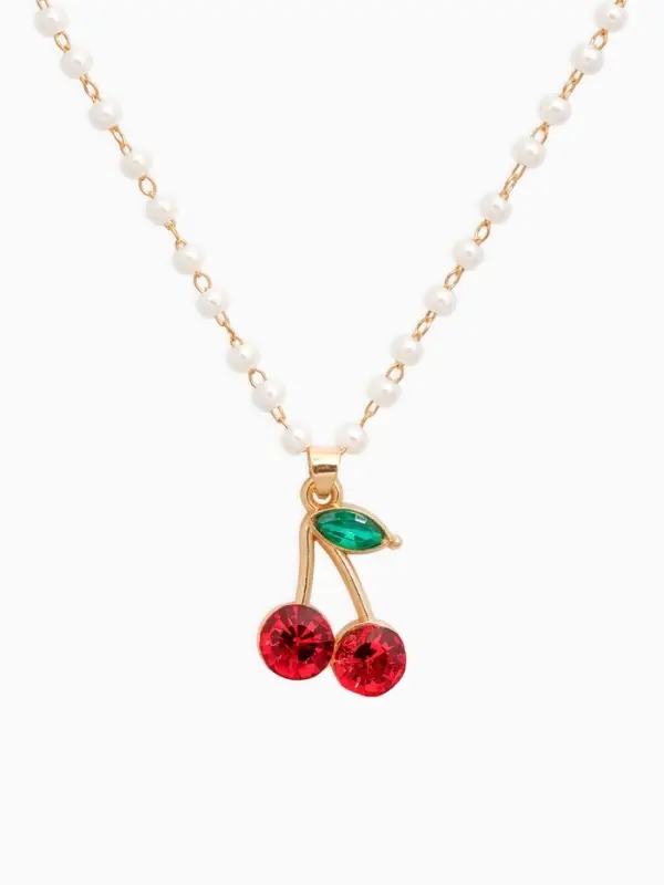 Кулон на жемчужной дорожке "Вишенка", цвет бело-красный в золоте 44+удл.