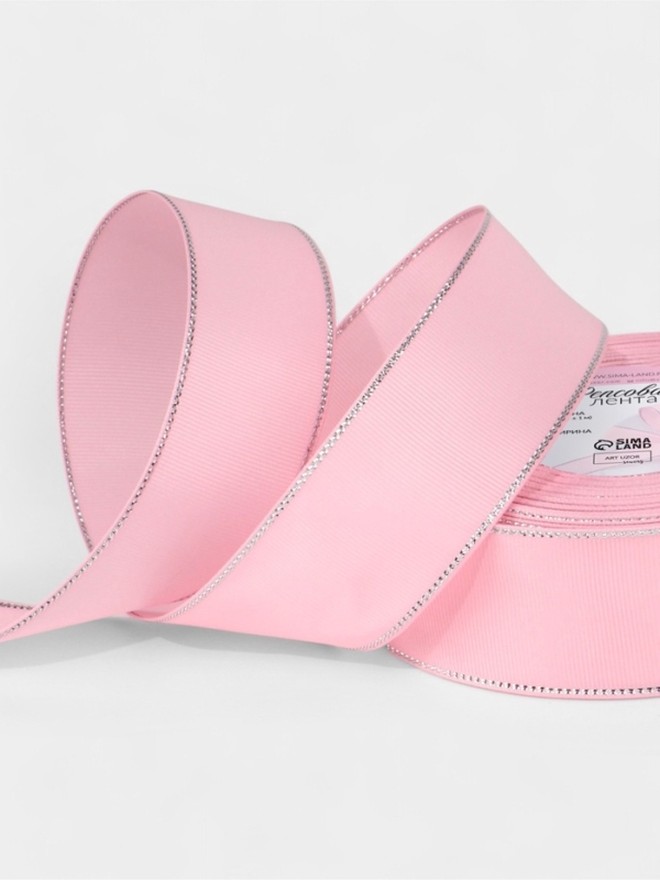 Лента репсовая 40мм*25&plusmn;1ярд(23м&plusmn;1м) серебряные нити №004 светло-розовый АУ