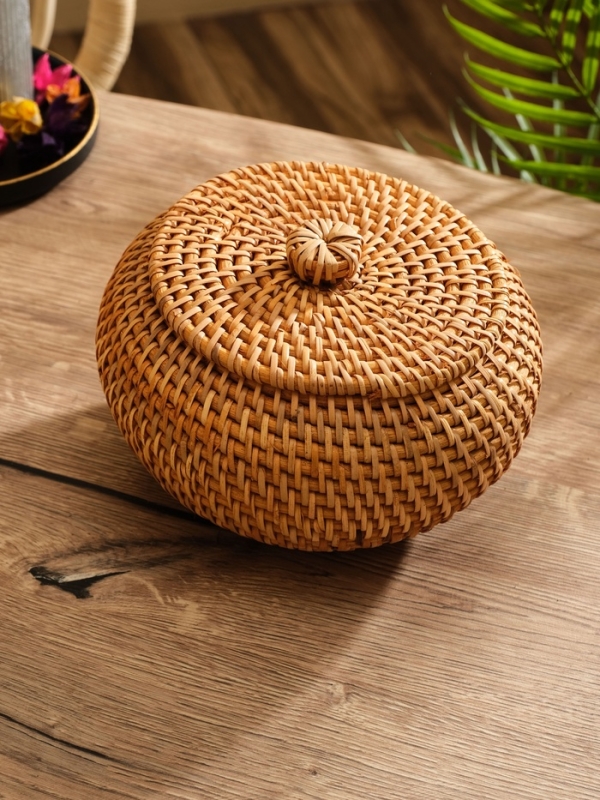 Корзина плетеная с крышкой, ротанг, 20х20х12 см