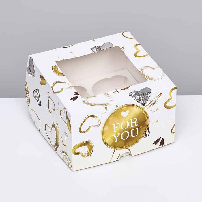 Коробка для 4 капкейков с окном , "For you", 16 х 16 х 10 см
