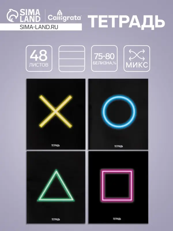 Тетрадь 48 листов в клетку Calligrata &laquo;Фигуры&raquo;, обложка мелованная бумага, блок №2 (серые листы) МИКС